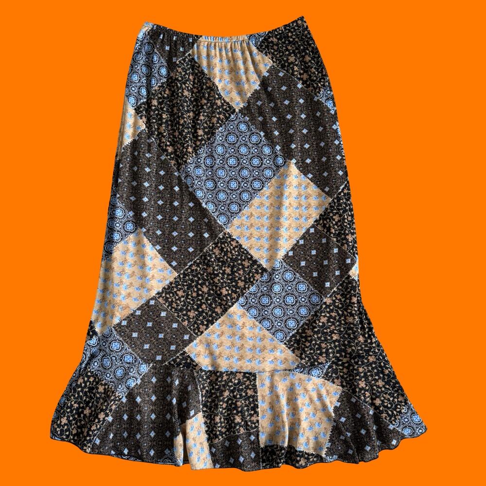 90's vintage earthy granola mom patchwork boho mesh maxi skirt LARGE